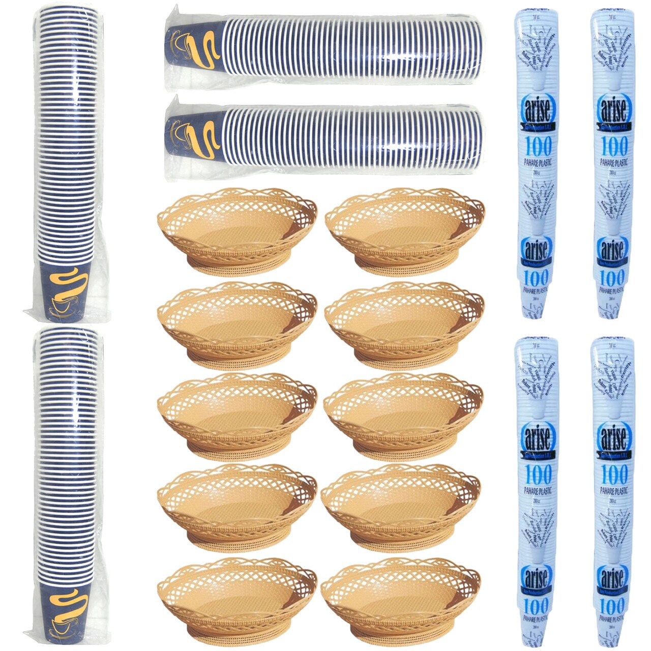 Pachet - 10 x Cos rustic, Pentru paine, 30.5 cm + 4 x Set pahare de unica folosinta, plastic, 200ml (100buc./set) + 4 x Set pahare unica folosinta pentru cafea, carton, 240ml (100buc./set)