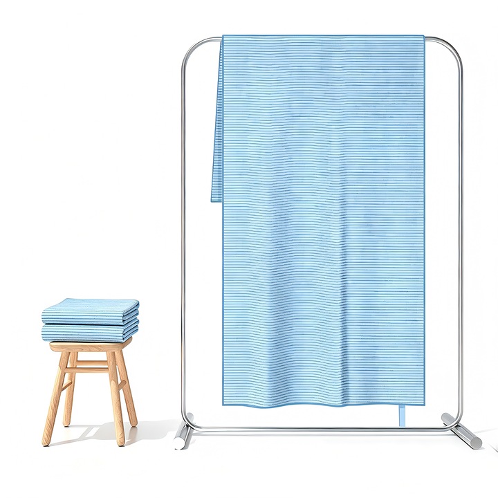 Prosop de inot cu dungi albastre, dimensiuni 80×130 cm, greutate 220g, material clasa A, uscare rapida, absorbtie mare, moale ca norul, nu lasa scame si nu se decoloreaza, portabil pentru plaja, piscina si calatorii