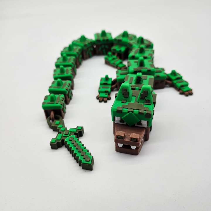 Figurina Dragon Articulat de Pamant, Figurina Flexibila Fidget Inspirata din Minecraft, Verde/Maro, 48cm Lungime, Idee Cadou Copii