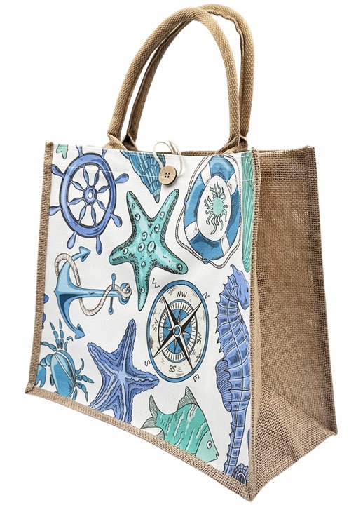 Geanta din iuta - Tote bag OCEAN BREEZE, Maro/ Turcoaz, 36x16x32 cm