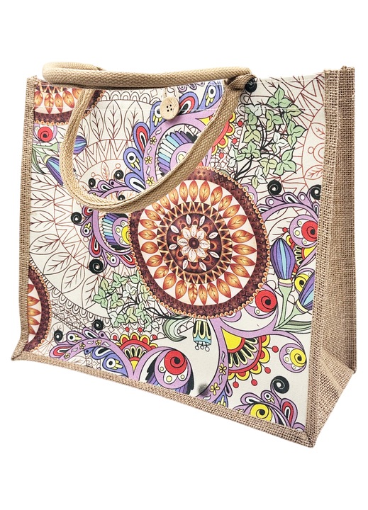 Geanta din iuta - Tote bag Mandala Boho, Maro/ Alb multicolor, 36x16x32 cm