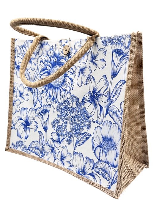 Geanta din iuta - Tote bag SANTORINI, Maro/ Albastru, 36x16x32 cm