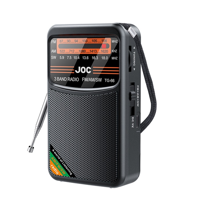 Hordozható rádió 3 sávos AM/FM/SW, Elworld, beépített akkumulátor, USB Type-C töltés, kompakt design, fekete szín