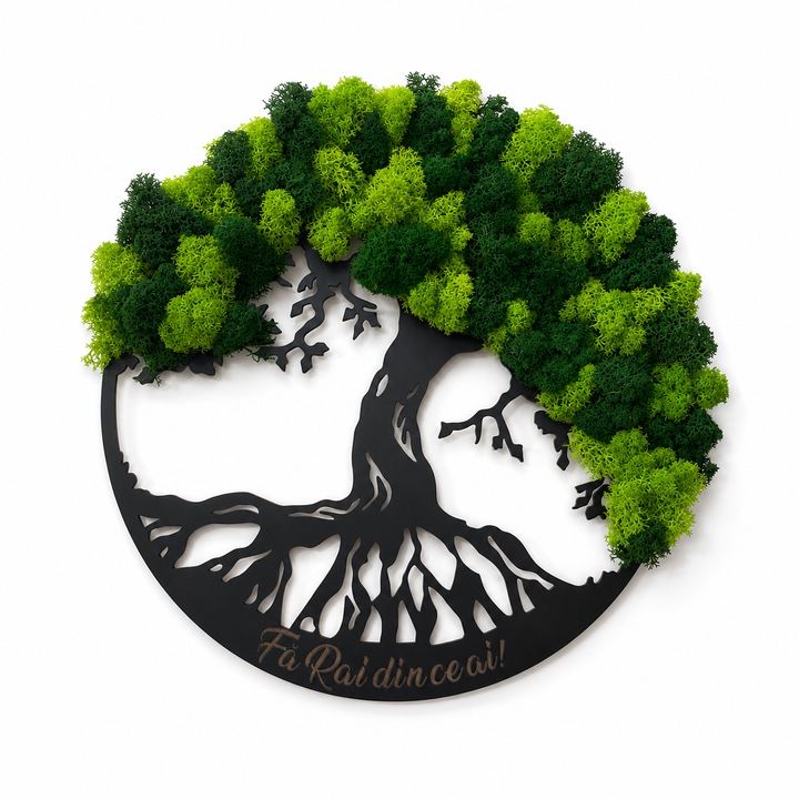 Tablou decorat cu licheni naturali stabilizati, gravat cu mesajul, Fa Rai din ce ai'', culoare verde inchis/ verde deschis, dimensiune 30 cm, rama neagra