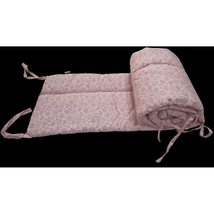 Protectie laterala patut, matlasata, 180x30cm, bumbac certificat Oeko Tex, PLP inimioare roz, Primii Pasi
