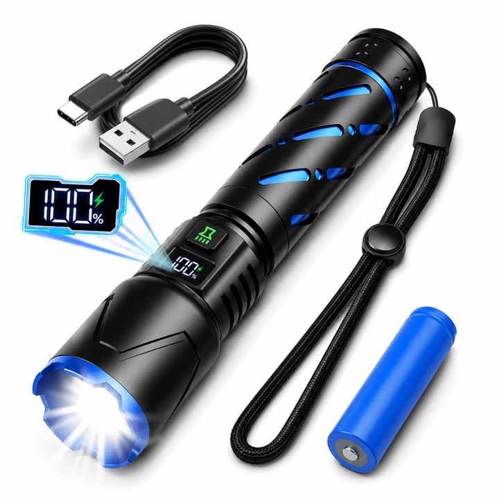 LED тактически фенер, 3 режима на осветление, цифров дисплей, увеличение, водоустойчив, бяла светлина, за риболов, лов, къмпинг и нощна употреба, презареждаема батерия 5000 mAh, от алуминий, USB кабел включен, черен