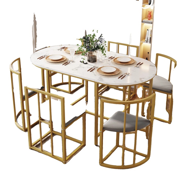 Set masa si scaune metalice, design minimalist, auriu, 152x91cm