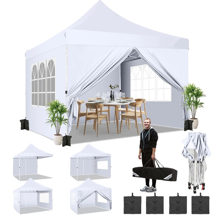 Pavilion gradina 3x3m alb rezistent apa UV cu pereti detasabili reglabil