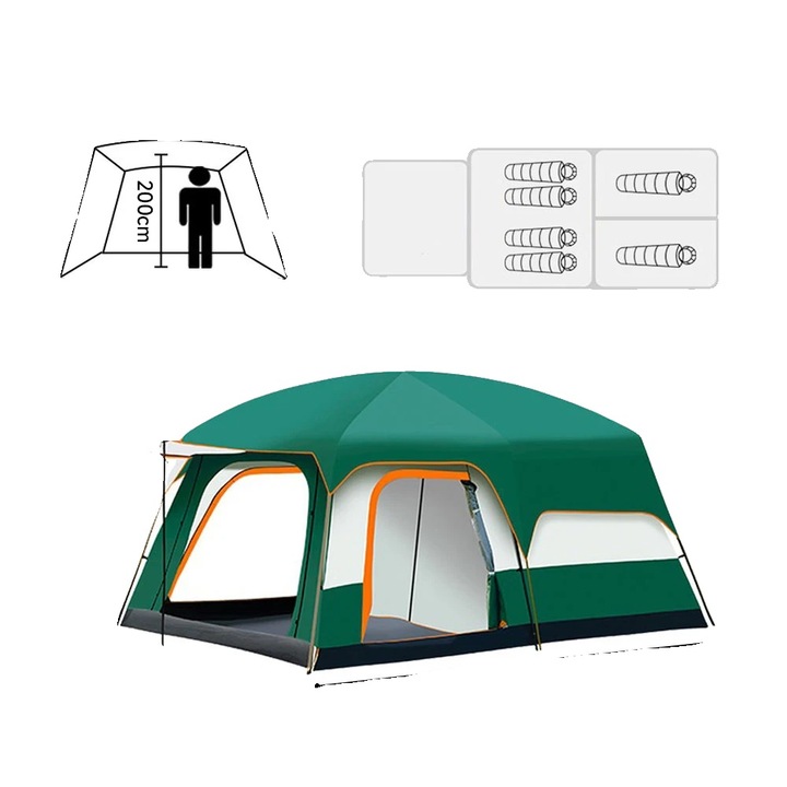 Cort camping, 4-6 persoane, rezistent la apa si soare, verde, 600D Oxford, 4 sezoane, L