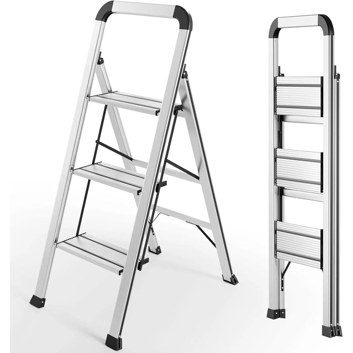 Scara cu trepte din aluminiu cu balustrada, scara plianta 3 trepte pentru uz casnic, antiderapanta, usoara, sarcina 150 kg, inaltime 44–103 cm, argintiu