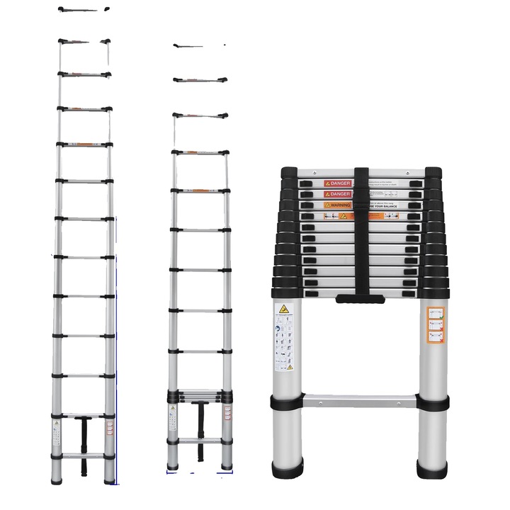 Scara telescopica 5m, aluminiu, compacta, 95cm, 12 trepte, antiderapanta