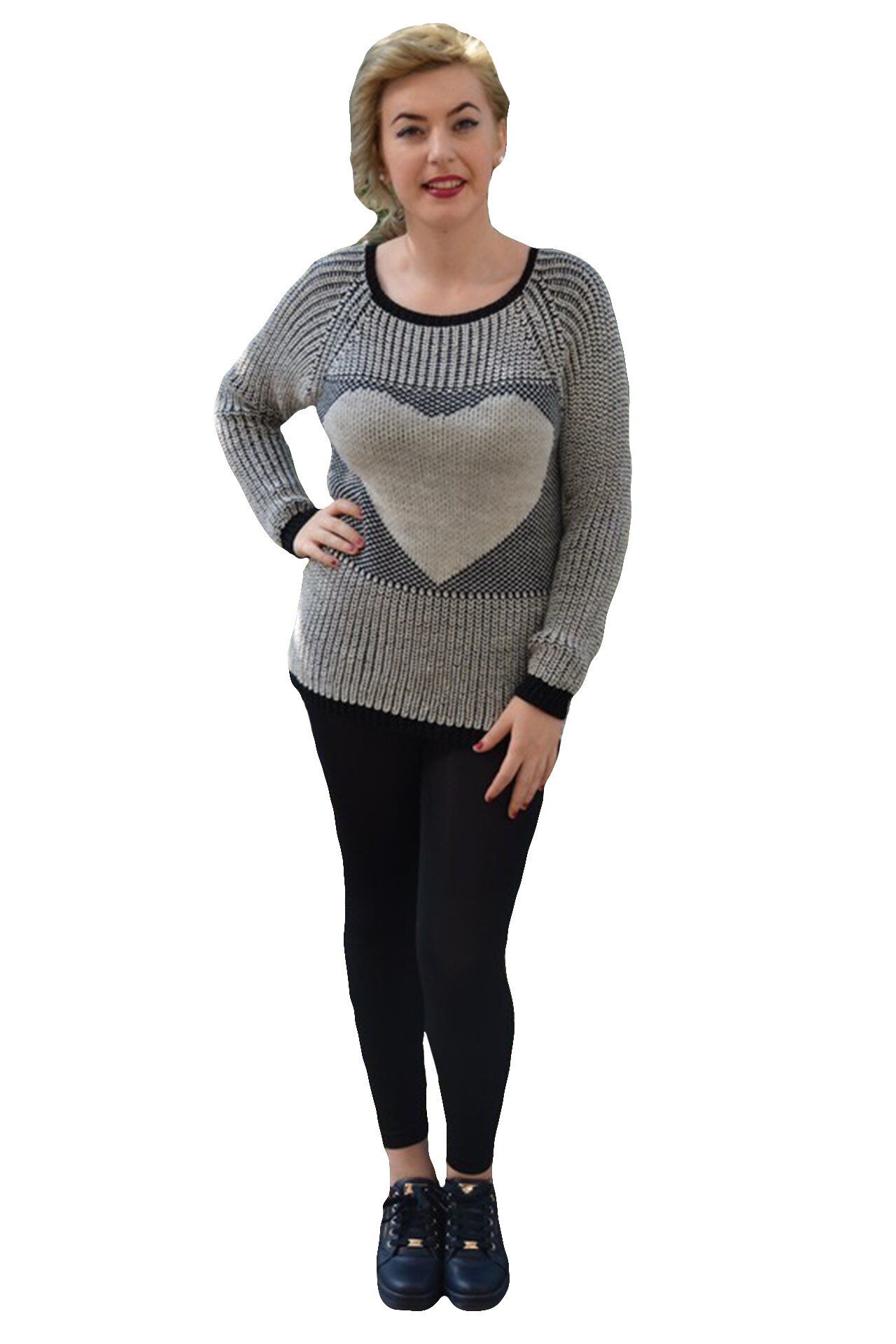 Bluza trendy cu maneca lunga si decolteu rotund, D&J Exclusive, Negru-Crem