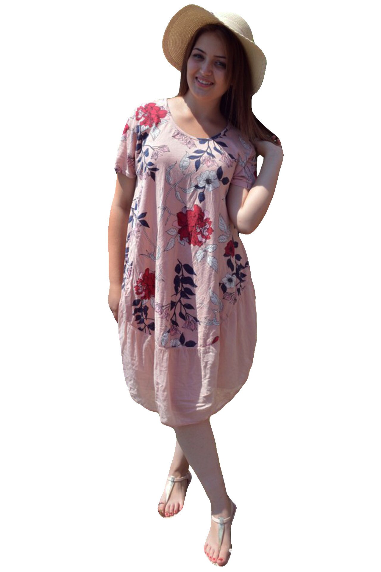 Rochie vaporoasa cu flori, maneca scurta,masura mare,D&J Exclusive, Roz