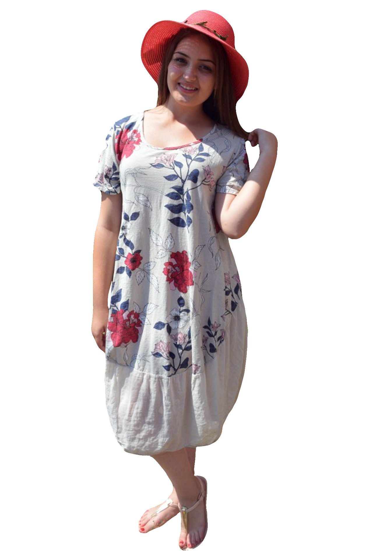 Rochie vaporoasa cu flori, maneca scurta,masura mare,D&J Exclusive, Bej