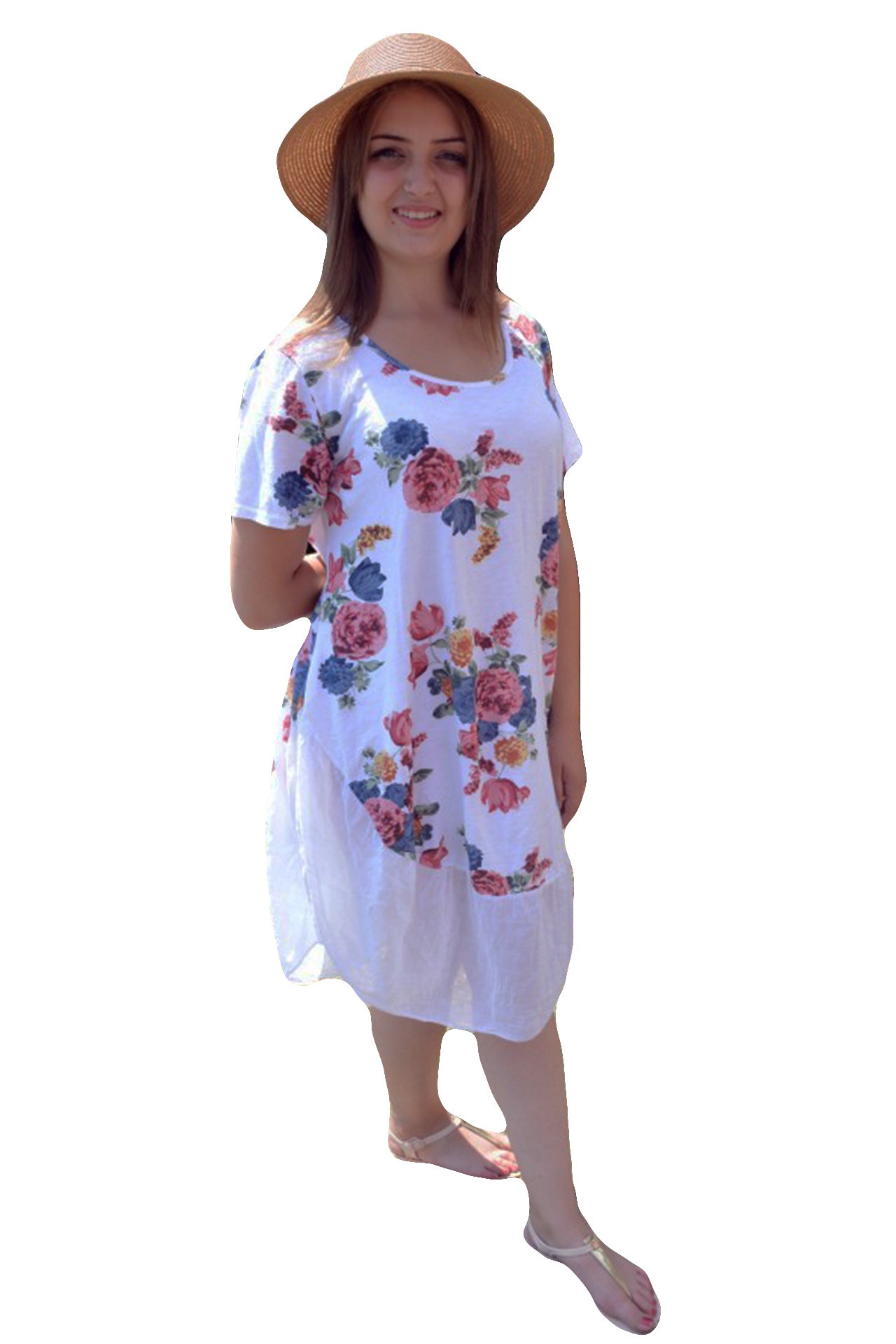 Rochie de vara din bumbac, cu flori multicolore,masura mare,D&J Exclusive, Multicolor