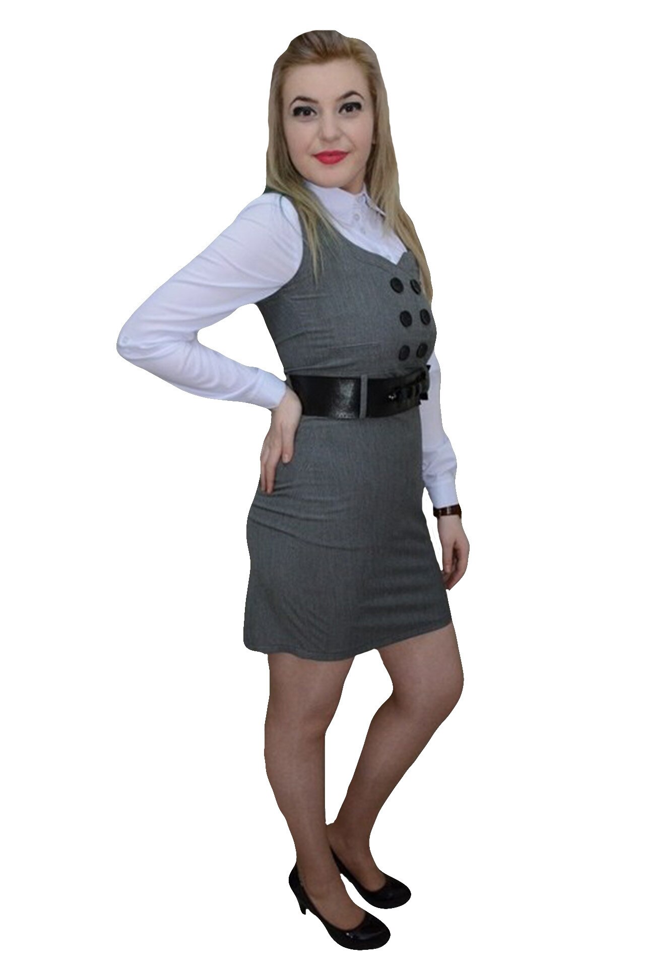 Rochie cu decolteu in V, design de nasturi atasati,D&J Exclusive, Gri, 36