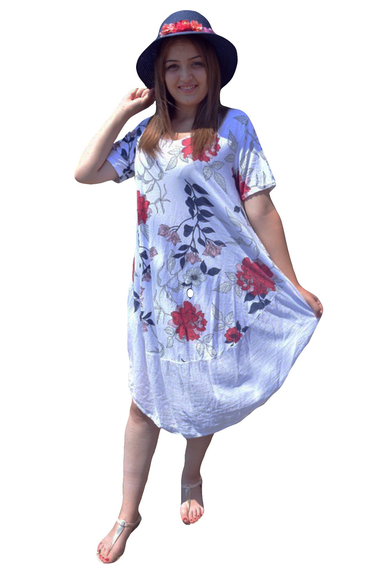 Rochie vaporoasa cu flori, maneca scurta,masura mare,D&J Exclusive, Alb