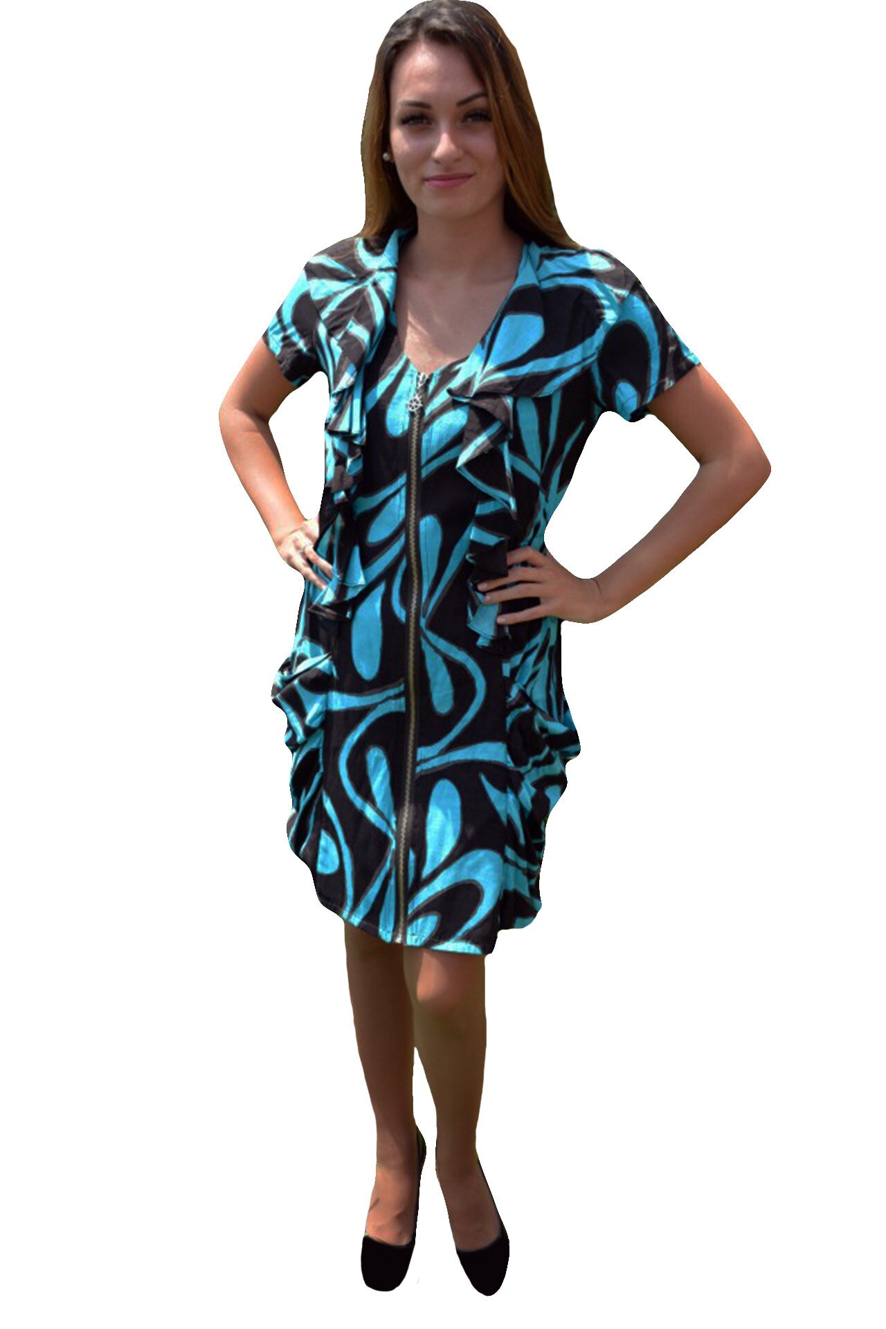 Rochie feminina cu croi lejer pe silueta, cu design nonfigurativ , D&J Exclusive, Negru/Albastru