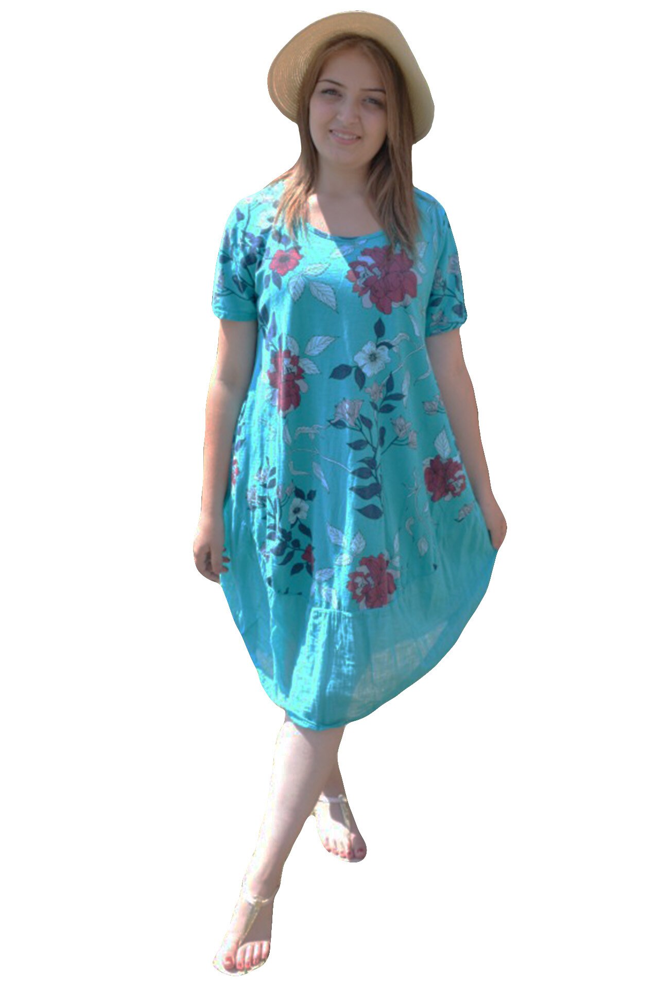 Rochie vaporoasa cu flori, maneca scurta,masura mare,D&J Exclusive, Turcoaz