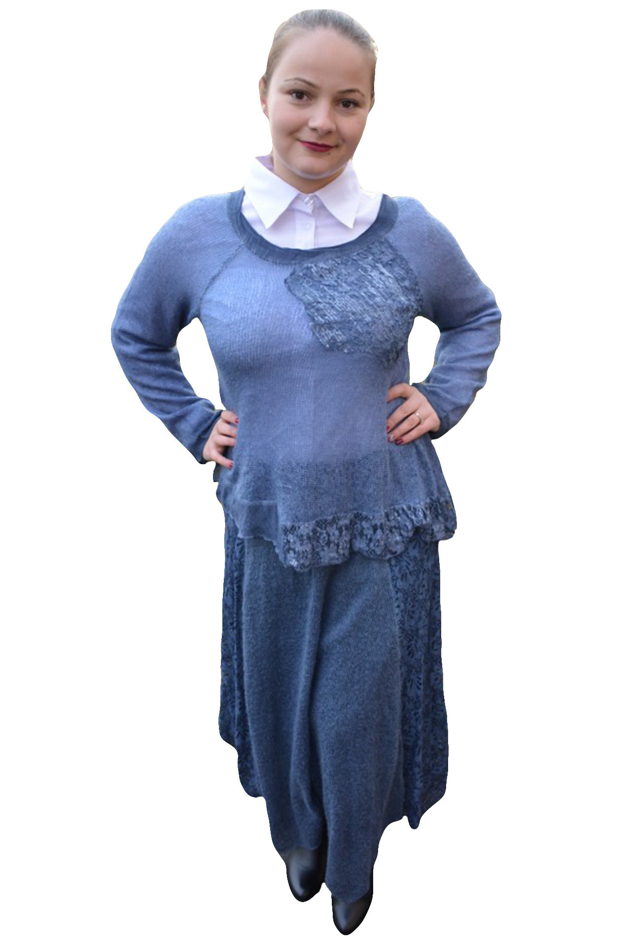 Fusta moderna din material tricotat combinat cu dantela, D&J Exclusive, Bleumarin