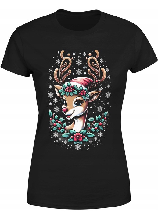 Tricou dama, imprimeu Craciun, bumbac, negru, elegant