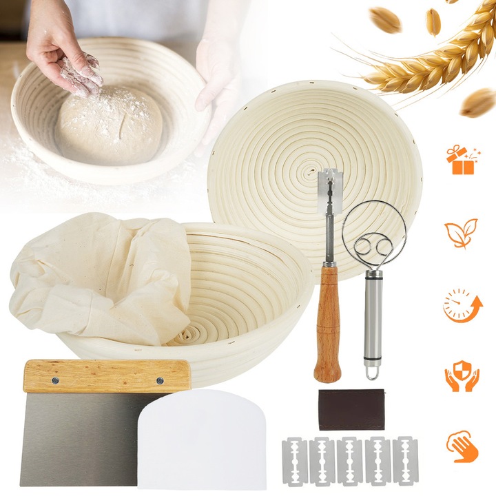 Cos De Dospire A Painii, Rotund, 23 CM, Include Accesorii Patiserie, Spatula, Captuseala Textil, Mixer, Durabil, Usor De Curatat, Ratan Indonezian Natural, Pentru Brutari Profesionisti Si Amatori