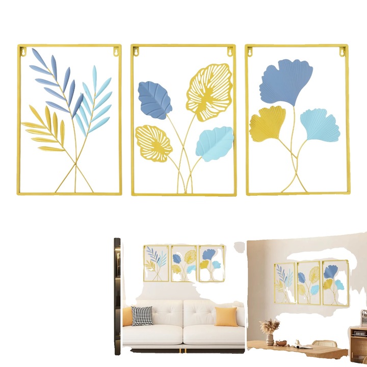 Decoratiuni de perete, 3 piese, fier, model frunze Ginkgo, auriu, 30x43x0.1cm