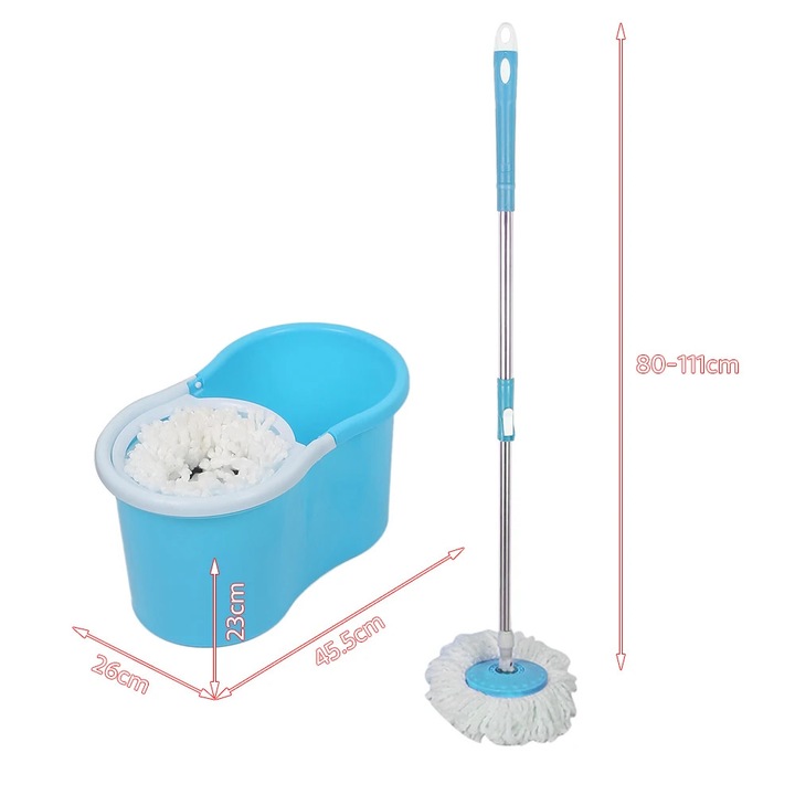 Set mop magic, mop rotativ cu galeata, 2 capete din microfibra, sistem auto-stoarcere, coada reglabila din otel inoxidabil, albastru