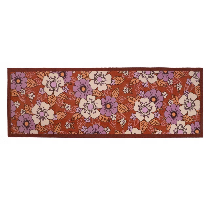 Előszoba szőnyeg, elSimone, 50 x 150 cm, Lila-Terrakotta, Creation Home Kollekció Virágmintás, 100% Poliamid, Vastagság 8 mm, TPE Csúszásgátló Alj, Padlófűtéshez, Hangszigetelés, Mosógépben Mosható, Oeko-Tex Tanúsítvány, Prémium