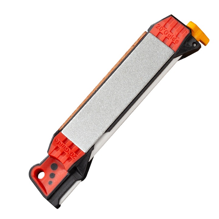 Ascutitor de cutite pentru exterior, 3 trepte, Diamant, Ceramica, Piele, Ghid de ascutire 20°, Portabil, Compact, Pentru cutite de exterior si carlige de pescuit, PP, 17 cm, Rosu/Negru
