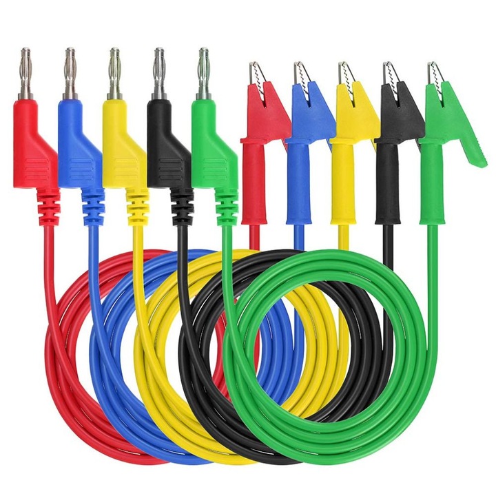 Mérőkábelek, JESWO®, 5 db-os készlet, 4mm banándugókkal, 100cm, 15A, 1000V, PVC, Többszínű