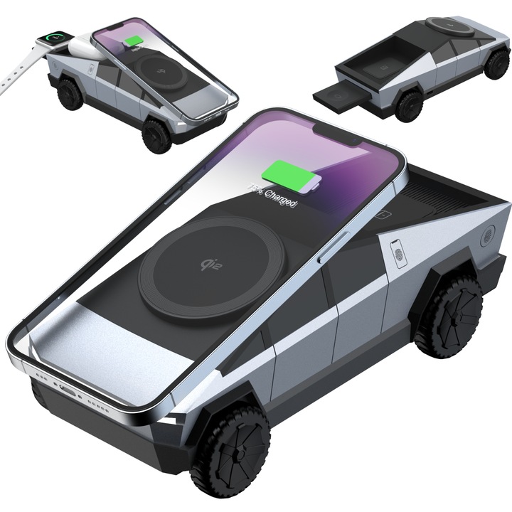 Incarcator wireless 3 in 1 multifunctional, Qi2, rotatie automata 90°, fixare magnetica, iluminare ambientala LED, compatibil iPhone, Samsung, Apple Watch si AirPods, design futurist, 15W, gri