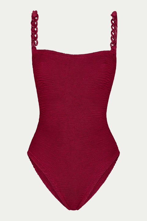 Paramidonna, Texturált egyrészes fürdőruha láncpántokkal, Sötétpiros, One Size