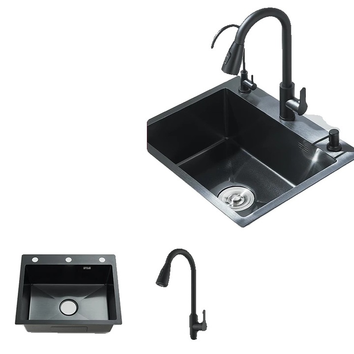 Chiuveta bucatarie, ovale, inox 304, negru, 3 gauri, 50x40cm