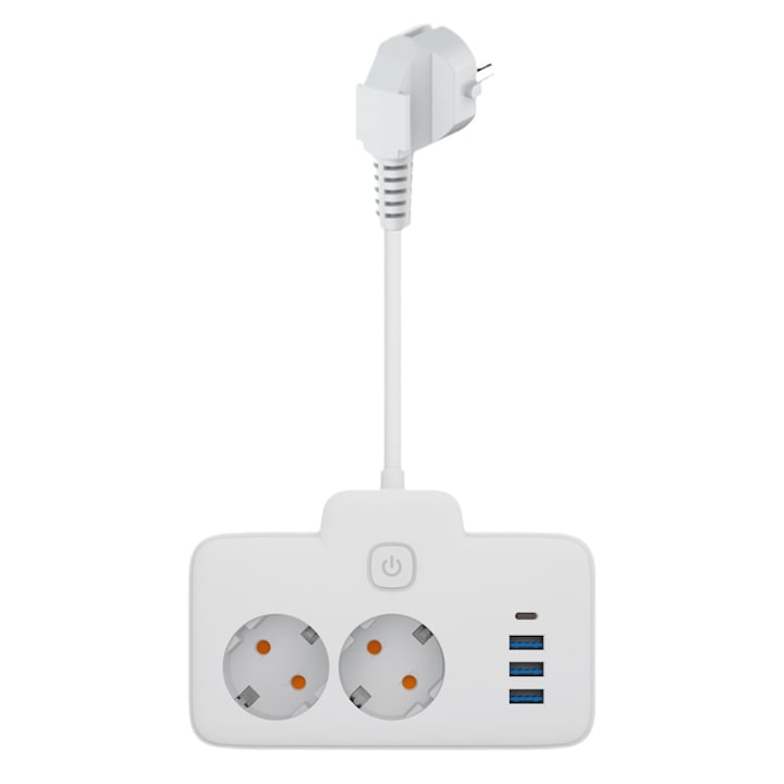 Intelligens hosszabbító, 6 az 1-ben aljzatadapter, USB 2 + 1QC gyorstöltés + 1Type-C, 2 hálózati aljzat, Független kapcsoló, Indukciós főzőlapokhoz, hűtőszekrényekhez, mikrohullámú sütőkhöz, Műanyag / Fém