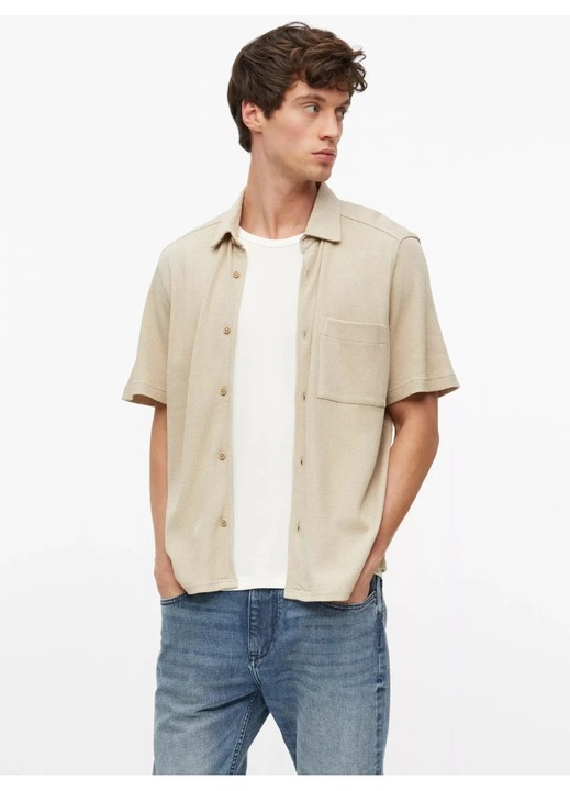 S.Oliver Camasa barbati din amestec de bumbac, piqué tip waffle, Relaxed fit, Bej, Bej