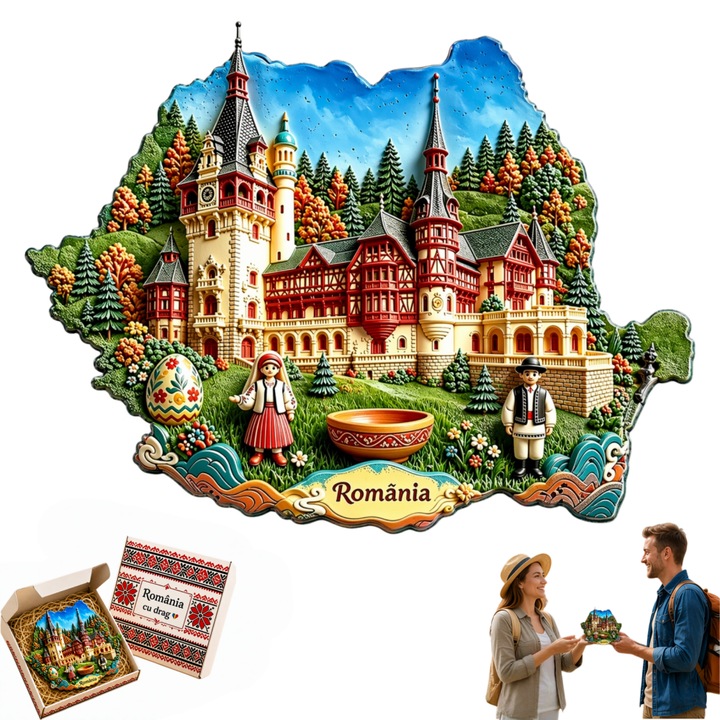 Magnet de Frigider Romania 3D din Rasina, Suvenir Turistic cu Castelul Peles si Elemente Traditionale Romanesti, Decorativ, Multicolor, Cadou pentru Colectie si Decor Casa