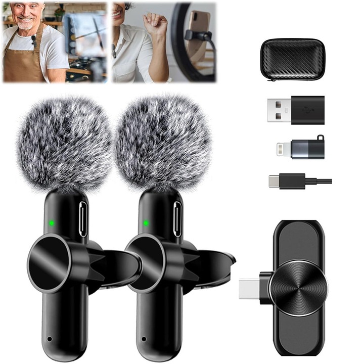 Set 2 Microfoane Lavaliera Profesionale, Microfoane Wireless Lavaliera Cu USB-C, Cu Reducere Zgomot, Compatibile Cu Telefon, Conectare Automataportabile, Laptop, ios, Android, ipad