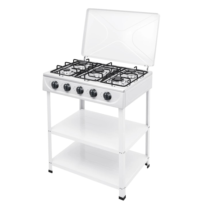 Aragaz pe gaz cu 5 arzatoare, Plita libera, 5 arzatoare 2, 5 kW, Gaz natural/GPL, Aprindere manuala, 64x44, 5 cm, Alb