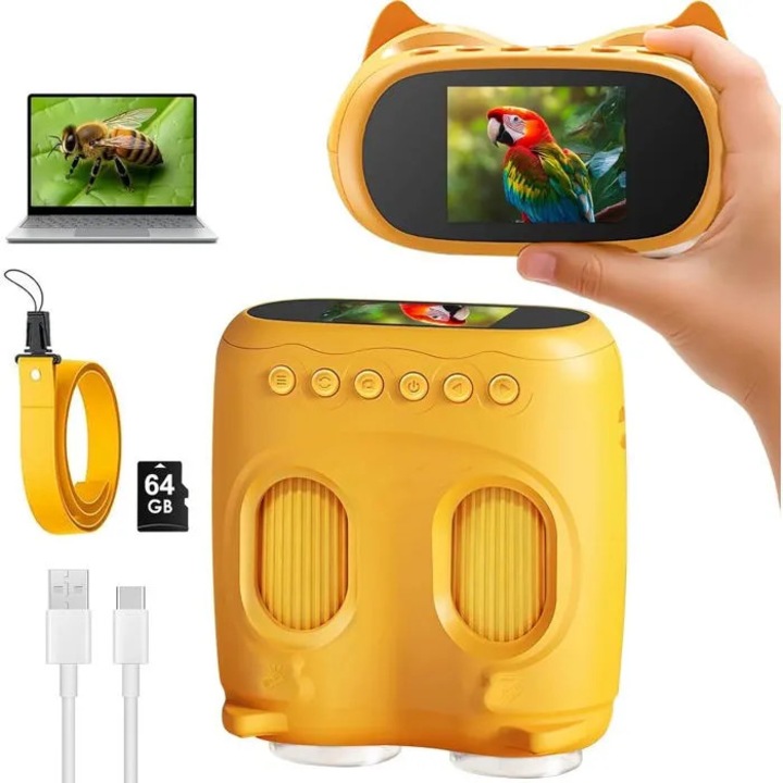 Microscop digital 2-in-1 pentru copii, galben, 1000x, ecran 2 inch