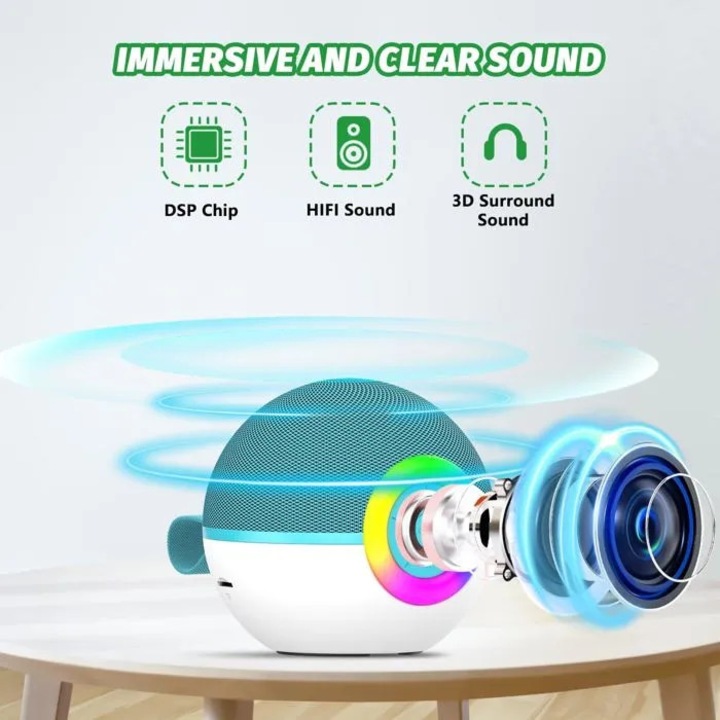 Hordozható Bluetooth karaoke mikrofon 2 mikrofonnal, kék, mini, 3-12 év