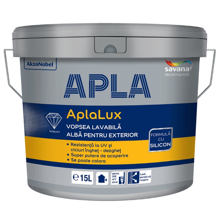 Vopsea superlavabila, AplaLux, silicon, alba, exterior, 15 l