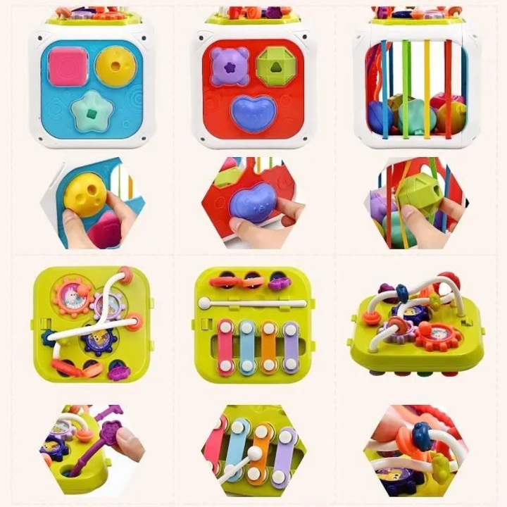 Montessori tevékenységkocka babáknak, műanyag, többszínű, 18 hónap+