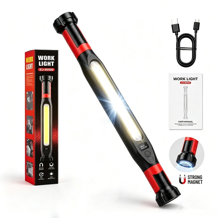Autó szervizlámpa, LED COB 360°-ban forgatható, mágneses rögzítés és kampó, akkumulátor kijelző, USB-C töltés, vízálló