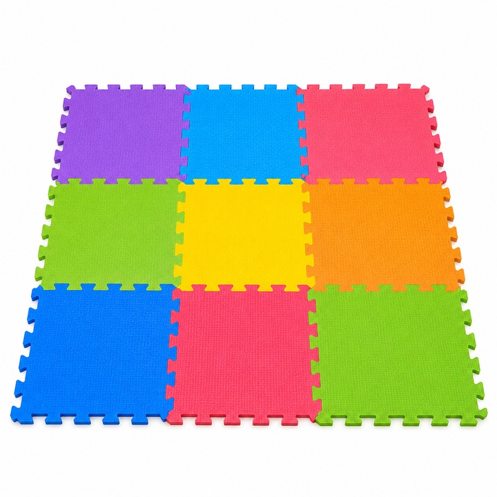 Covor Puzzle din Spuma EVA pentru Copii, PinkBlue – 9 Piese Multicolore, 90 x 90 cm, Moale, Antiderapant si Termoizolant