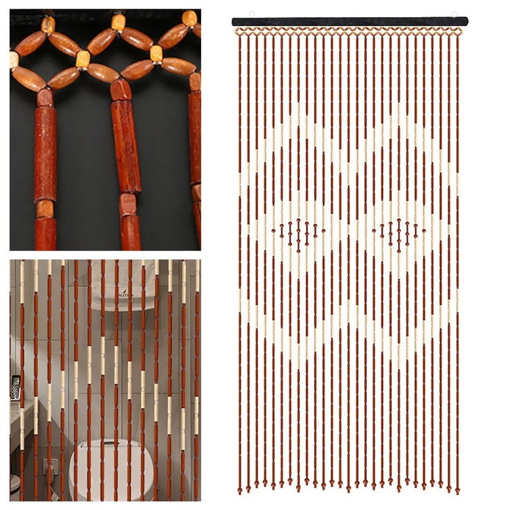 Perdea cu margele din bambus, Perdea de usa, 90×175 cm, 27 Siruri, Semitransparenta, Separator de camera & plasa anti-muste, Pentru usa/usa frantuzeasca, Maro