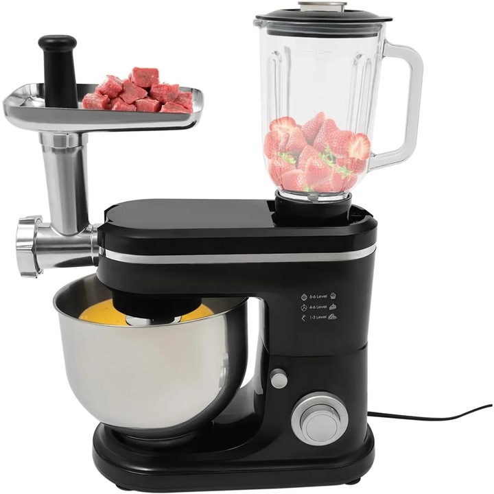 Masina de tocat carne, 3-in-1 Robot de Bucatarie/Mixer Planetar, 1500 W, Bol Inox 6 L, Storcator 1, 5 L