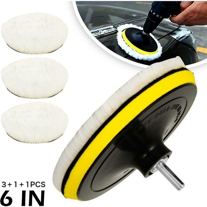 Discuri de lustruit din lana de miel, discuri de lustruit din lana de 150 mm cu adaptor pentru burghiu M14 si cu tija hexagonala, disc de lustruit autoadeziv pentru slefuire si lustruire