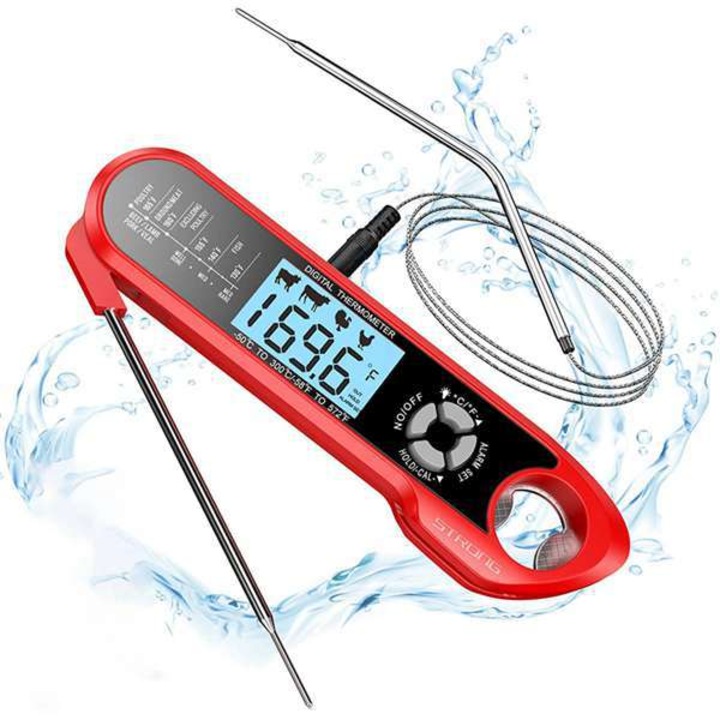Termometru de bucatarie, cu sonda dubla si fir lung, termometru electronic LCD cu citire instantanee, pentru gatit in bucatarii, gratare, lichide, friptura, ulei, lapte (rosu)