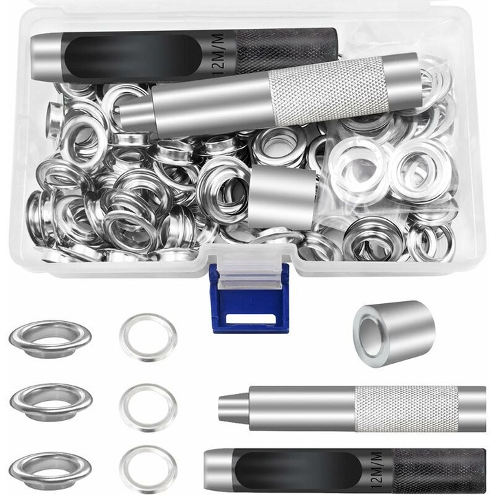 Set inele metalice de 12 mm, set de 100 de piese pentru panza, prelata, repararea cortului, argintiu (1/2 inch)